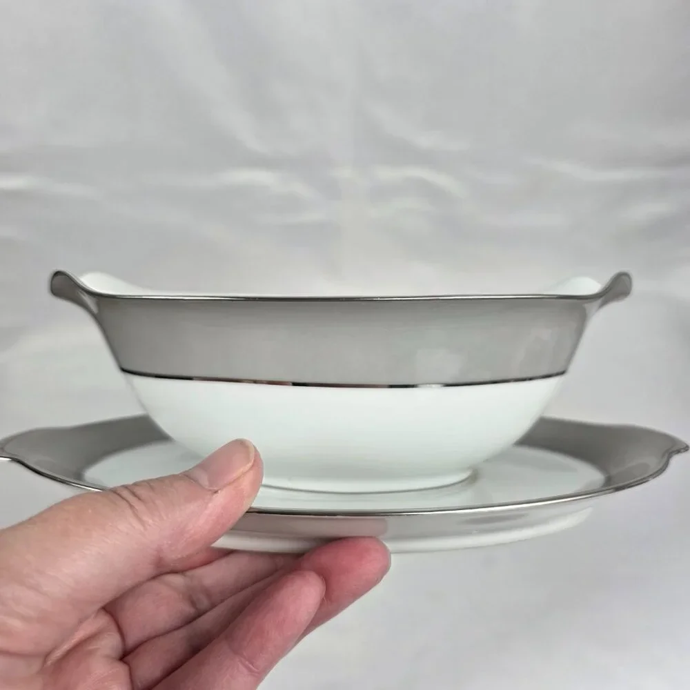 Sango Plantina Gravy Boat with Underplate Gray Band Platinum Trim